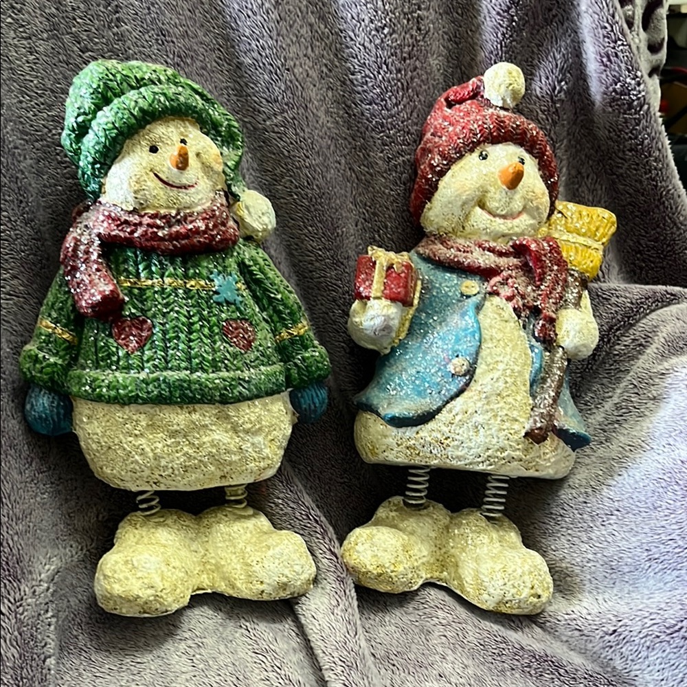 Set of 2, Green and Red Holiday Decor Snowman Figurines